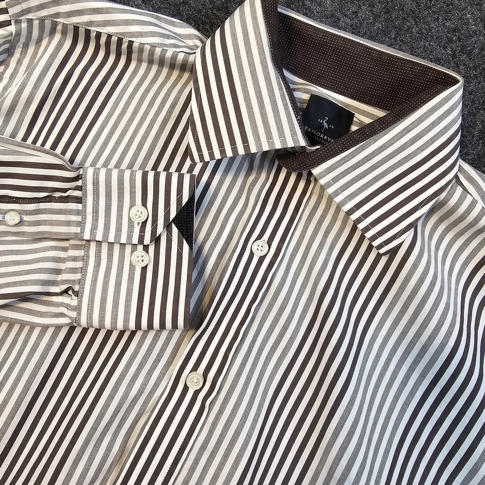 TailorByrd Collection Mens L Brown Cream Stripe Dress Shirt Long Sleeve Cotton